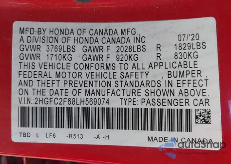 2020 Honda Civic Lx z USA, uszkodzony, nr VIN 2HGFC2F68LH569074